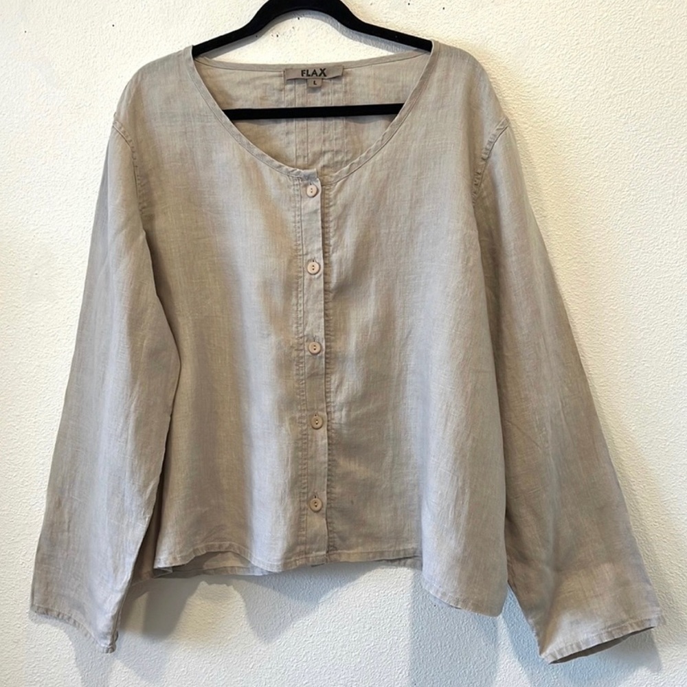 Beautiful 100% Linen Tan / Cream Minimalist Boho Blouse w/ Buttons FLAX